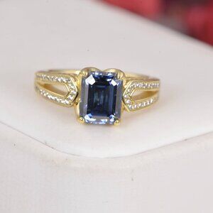 3ct Certified Moissanite Royal Blue Emerald Cut Engagement Ring Cut YG